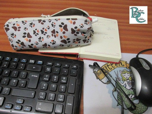 Long Box shape pencil case with paw prints - fully lined with grey