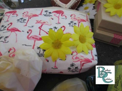 Wide mouth zipped pouch - white background with pink & cream flamingos