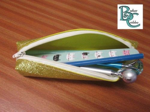 Long, slim, box shape pencil case - gold glitter fabric