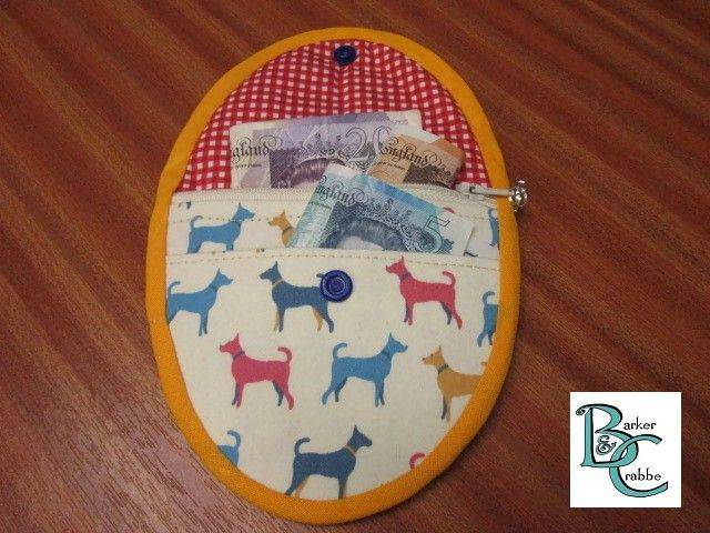 Purse with oval flap - cute little terrier dogs lined with red check