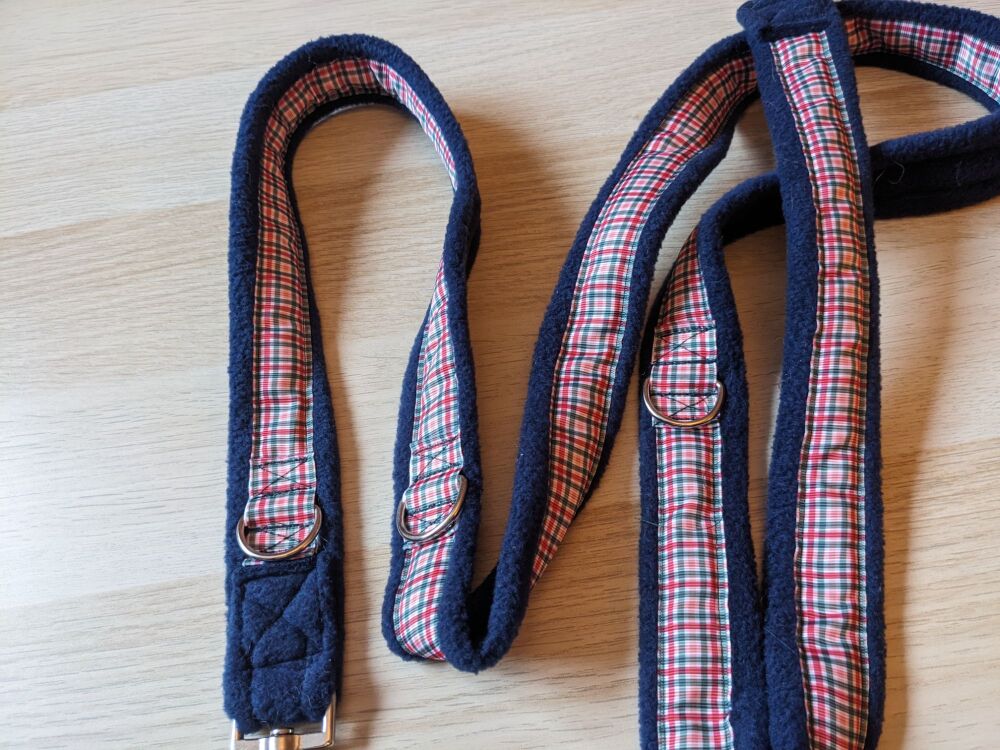 Double Clip fleece Dog Lead - multi D rings - long length - tarten ribbon b