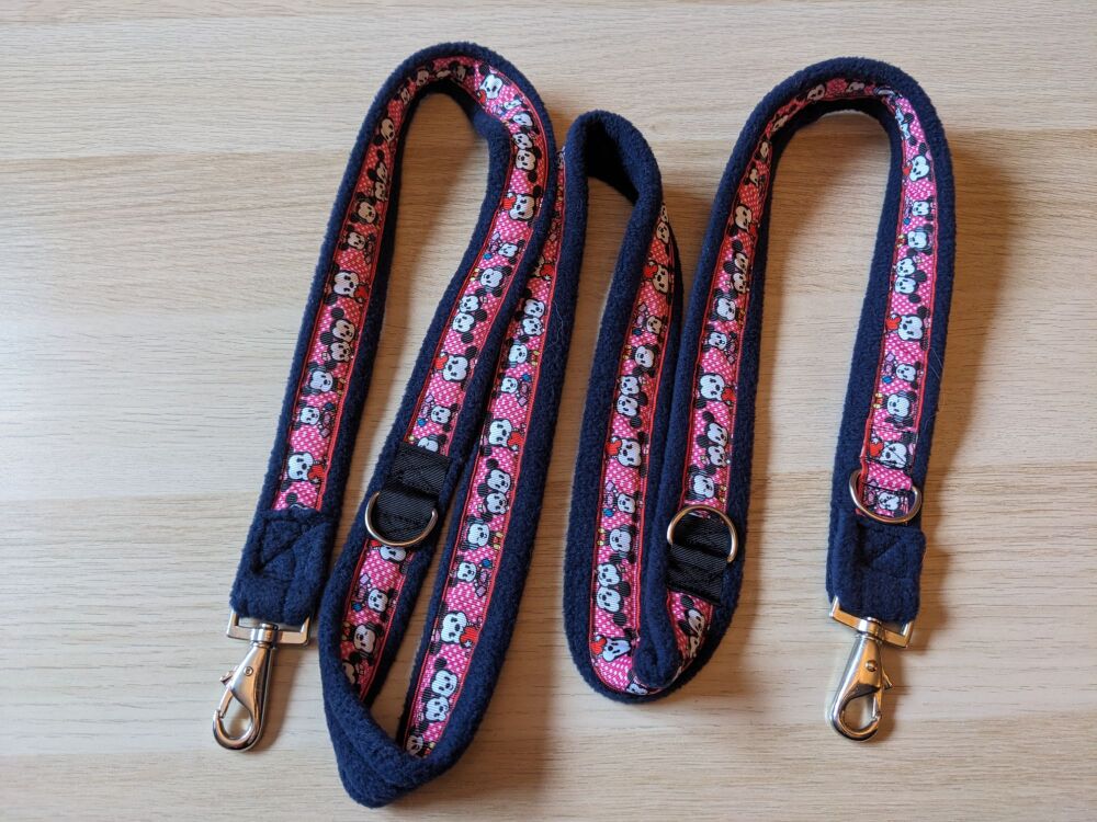 Double Clip fleece Dog Lead - multi D rings - long length - red / black ribbon back