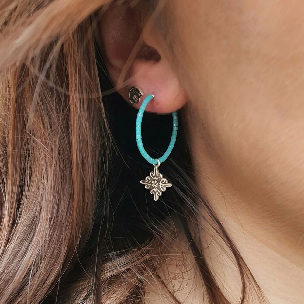 Flora Beaded Hoop Earrings - Turquoise