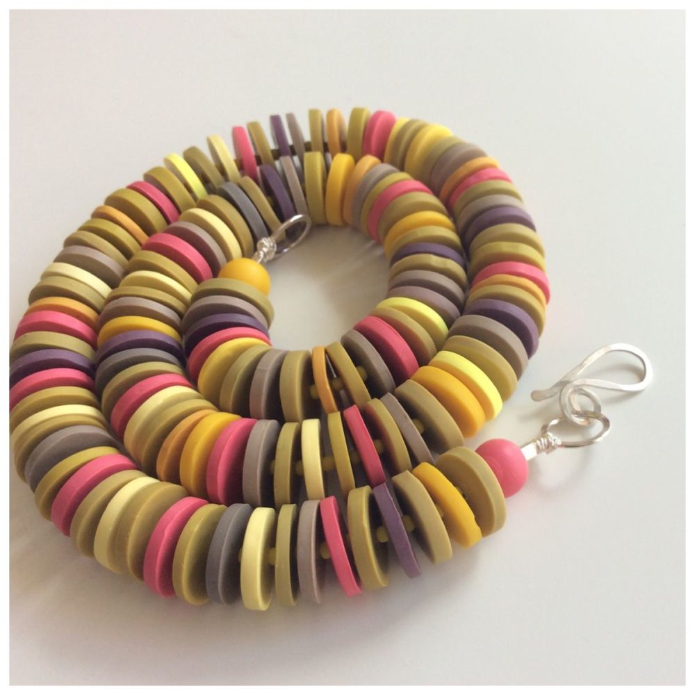 Medium Disc Necklace in Yellow, Coral and Grey