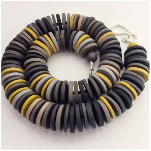 Large Disc Bead Necklace in Grey and Mustard