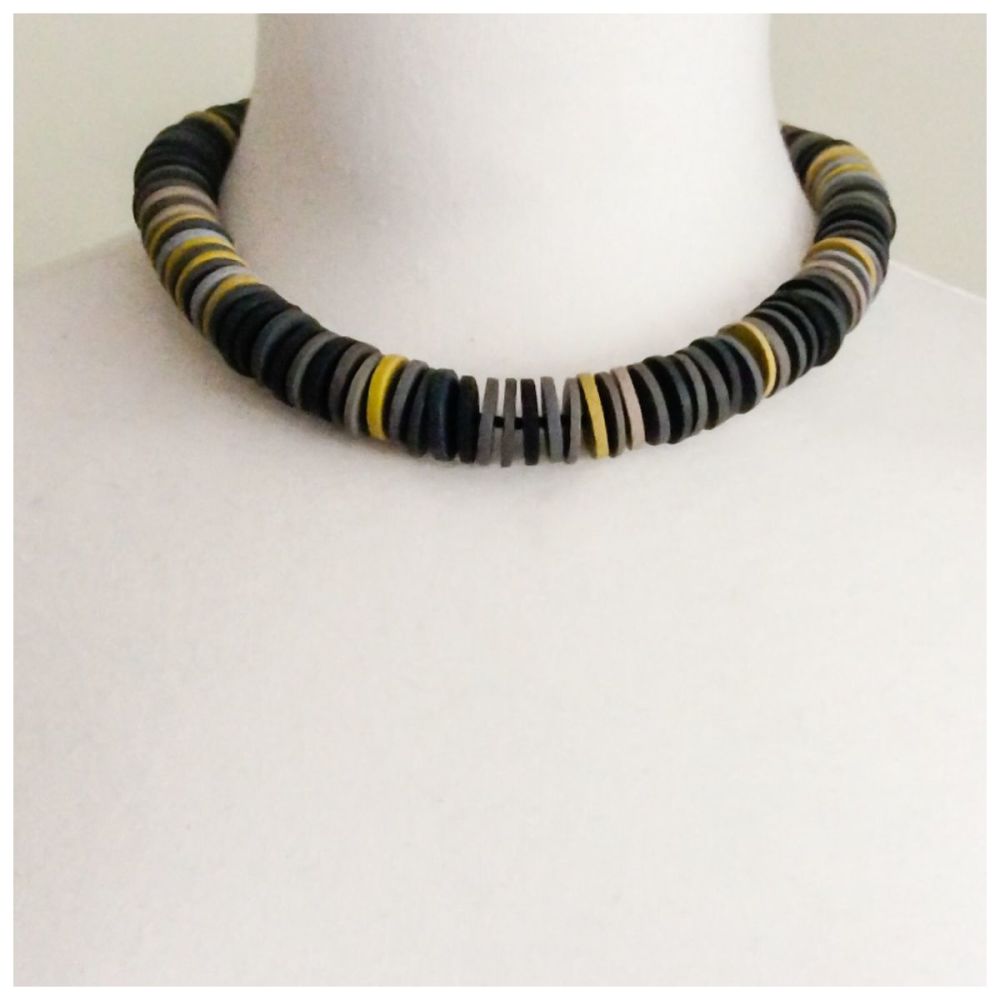 Large Disc Bead Necklace in Grey and Mustard 