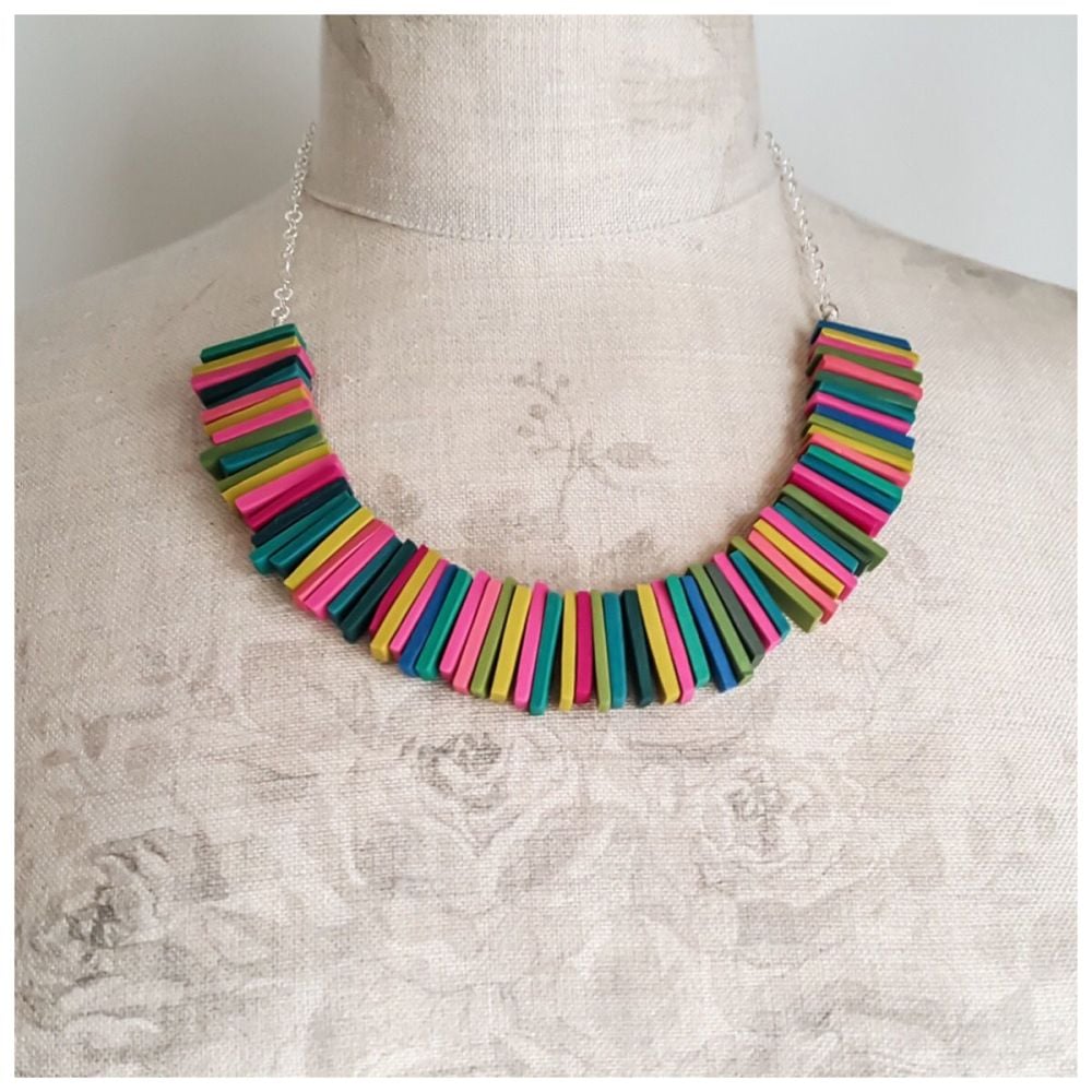 Modern Deco Necklace in Mustard, Green, Blue and Pink
