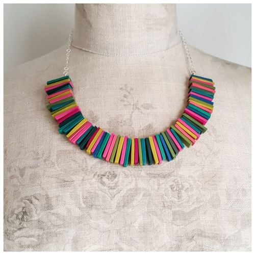 Modern Deco Necklace in Mustard, Green, Blue and Pink