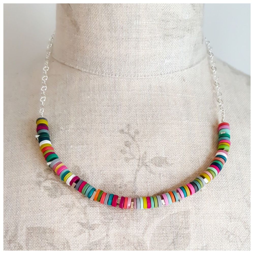 Multi Colour Tiny Disc Necklace with Sterling Silver Chain