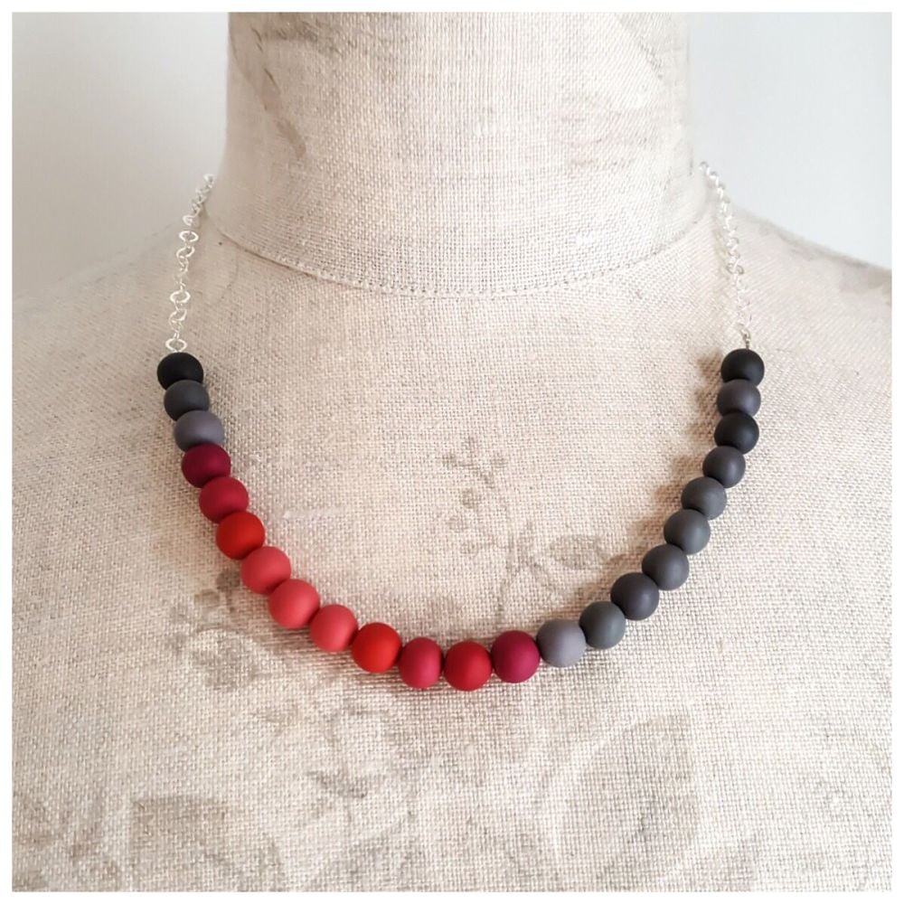 Beaded Sterling Silver Chain Necklace in Shades of Grey and Red