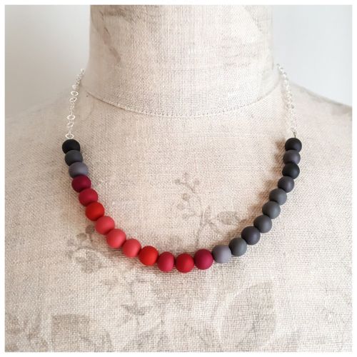 Beaded Sterling Silver Chain Necklace in Shades of Grey and Red