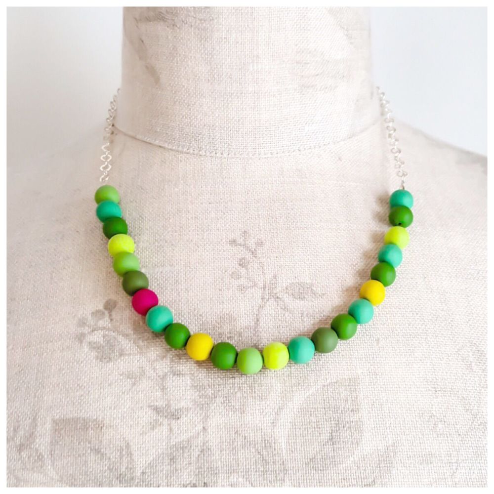Beaded Sterling Silver Chain Necklace in Bright Greens