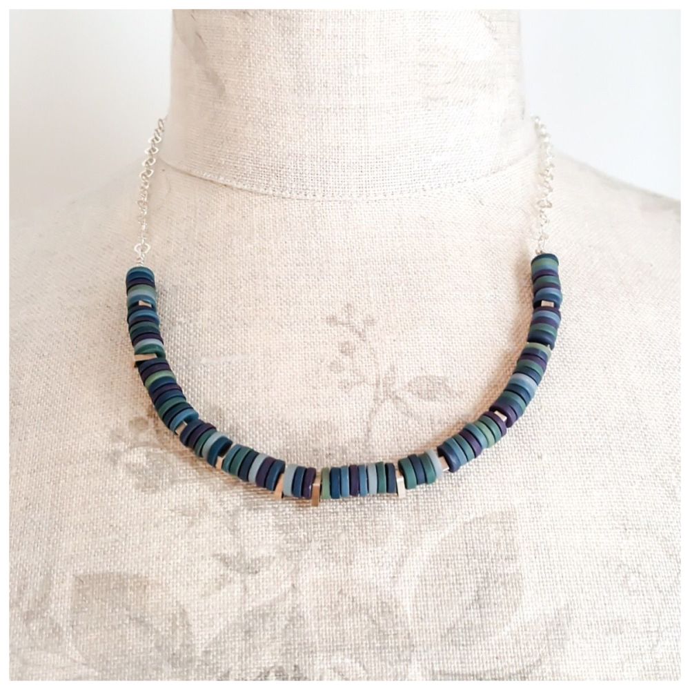 Tiny Disc Necklace in Deep Indigo Blues with Sterling Silver Chain