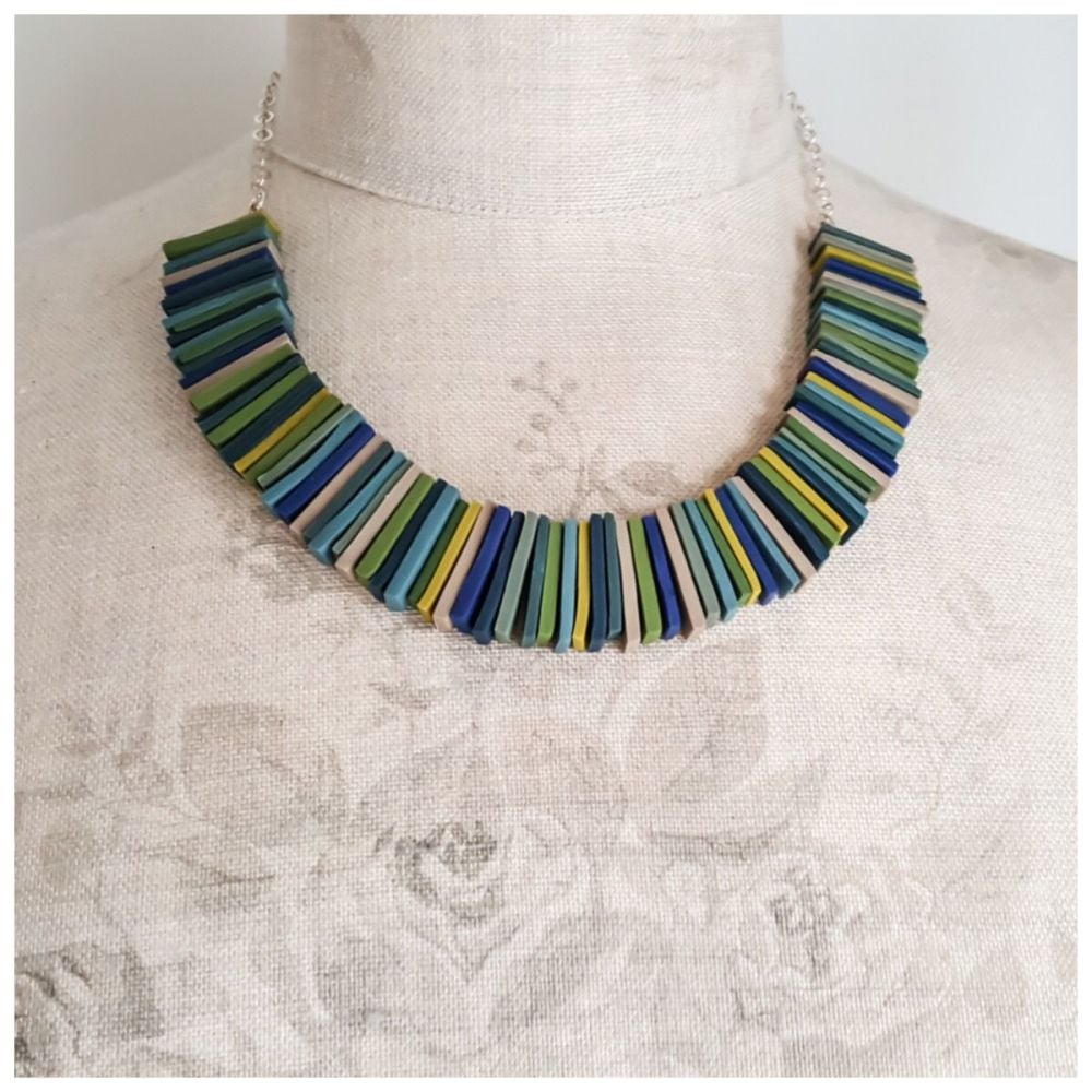Modern Deco Necklace in Deep Blues, Greens and Mustard