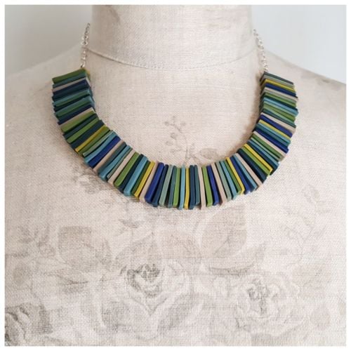 Modern Deco Necklace in Deep Blues, Greens and Mustard