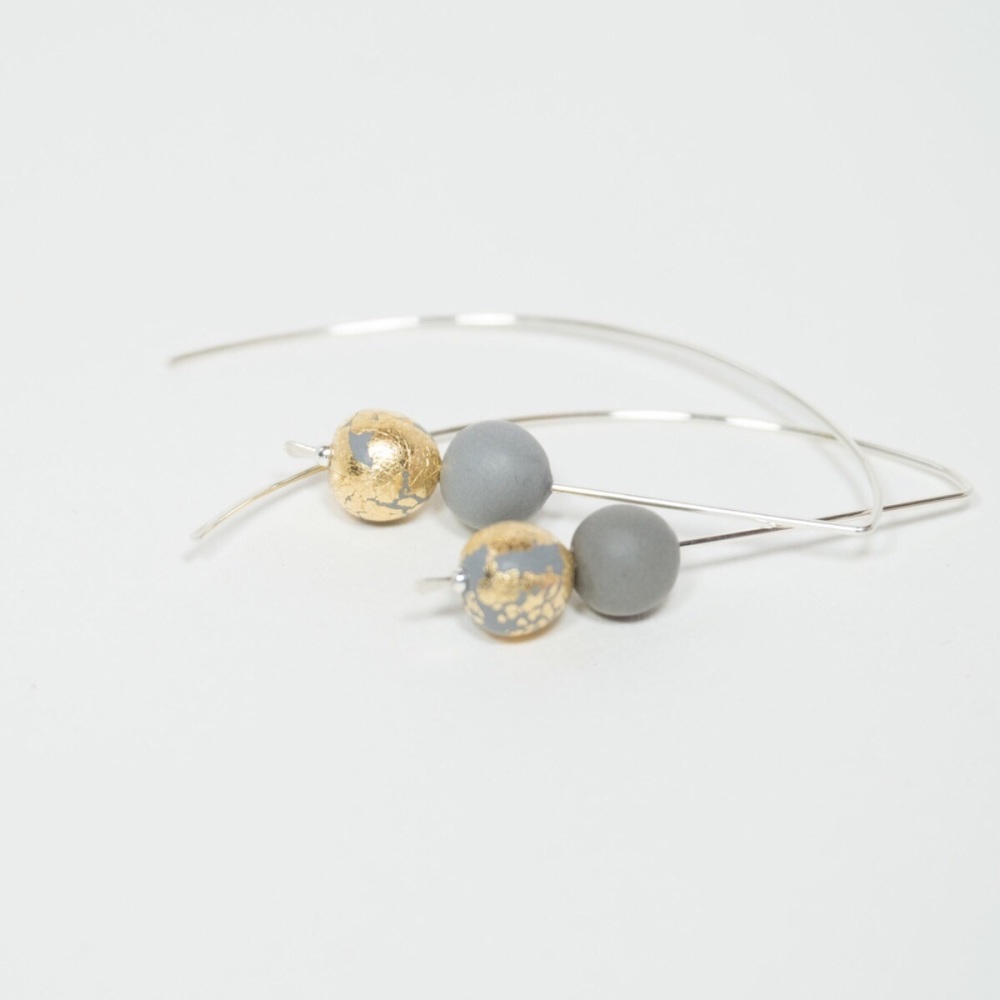 Sterling Silver Wire Earrings Grey and Gold Beads