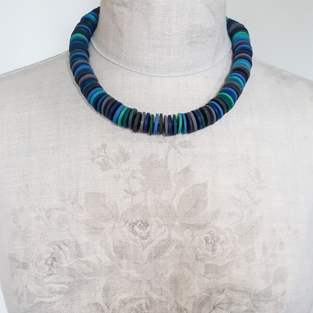 Large Disc Bead Necklace in Deep Teal and Lagoon Blue