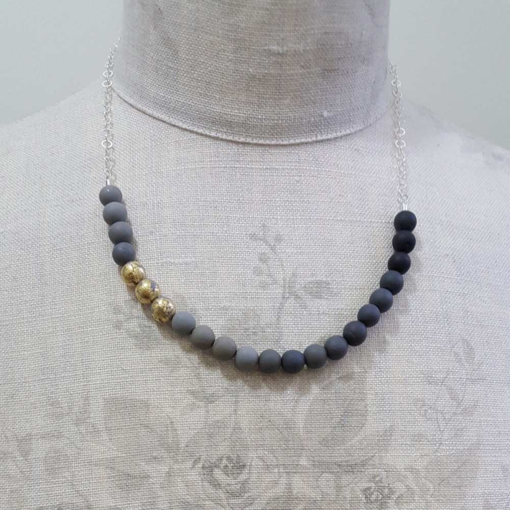 Beaded Sterling Silver Chain Necklace in Shades of Grey and 24 carat gold