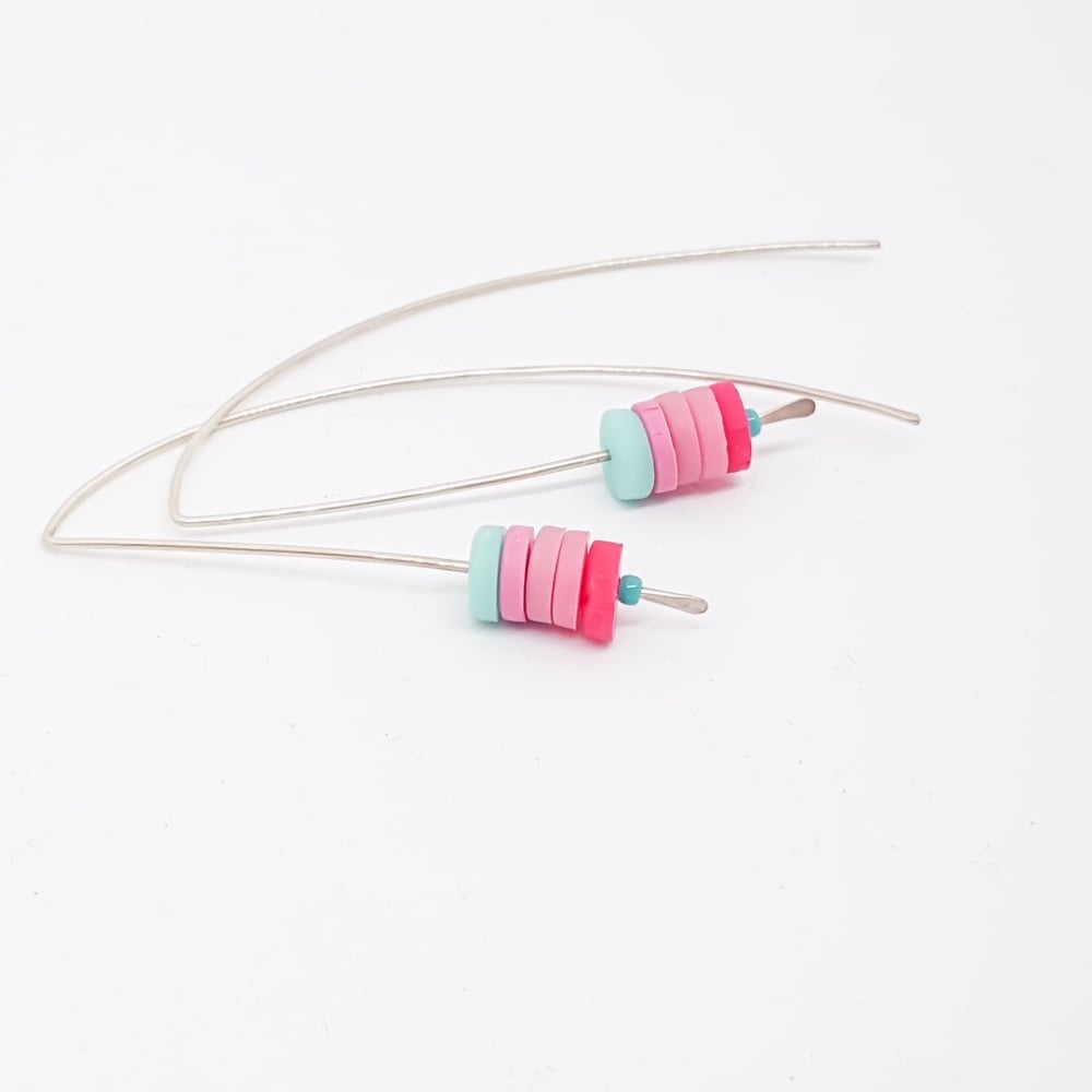 Sterling Silver Wire Earrings Aqua and Pink