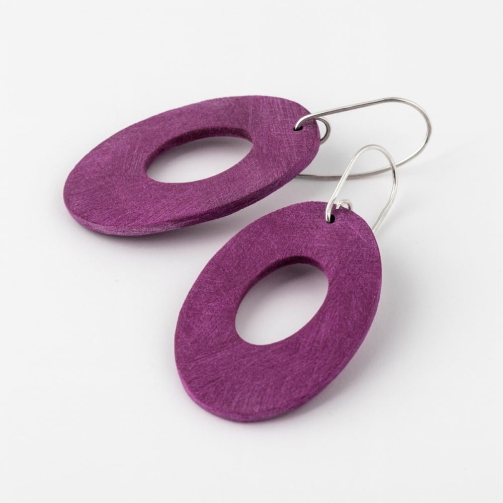 Giant Scratched Oval Earrings in Dark Berry Pink