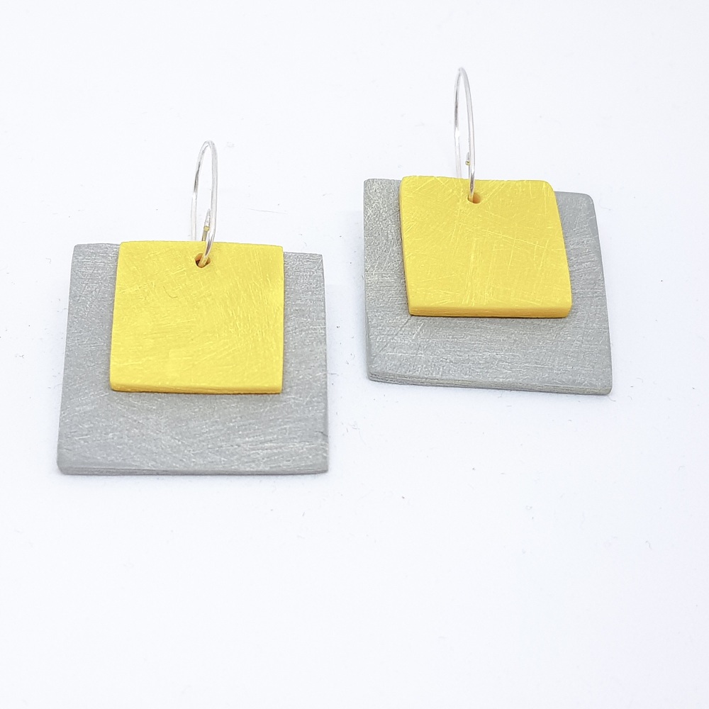 Giant Square Scratched Earrings in Grey and Yellow