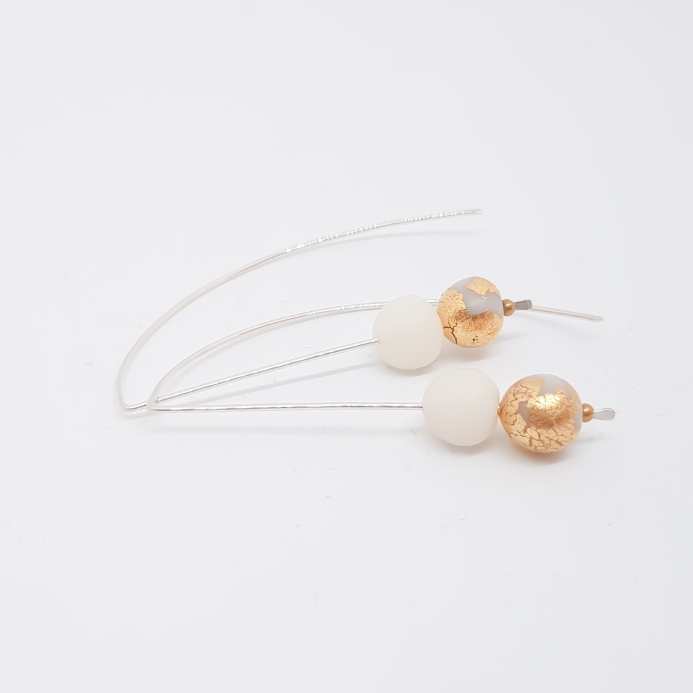 Metallics Sterling Silver Wire Earrings Transluscent White and Gold Beads