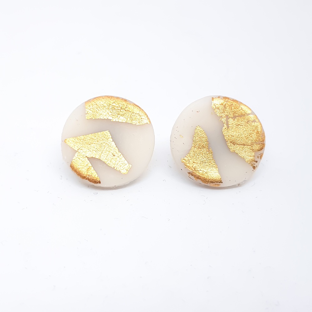 Giant Metallic Circle Studs in Transluscent White and Gold 