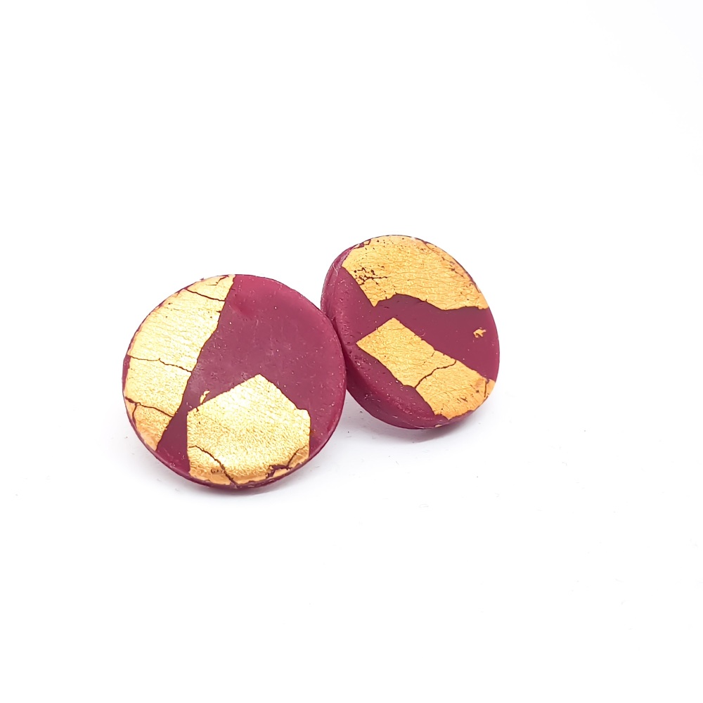 Giant Metallic Circle Studs in Berry Red and Gold 