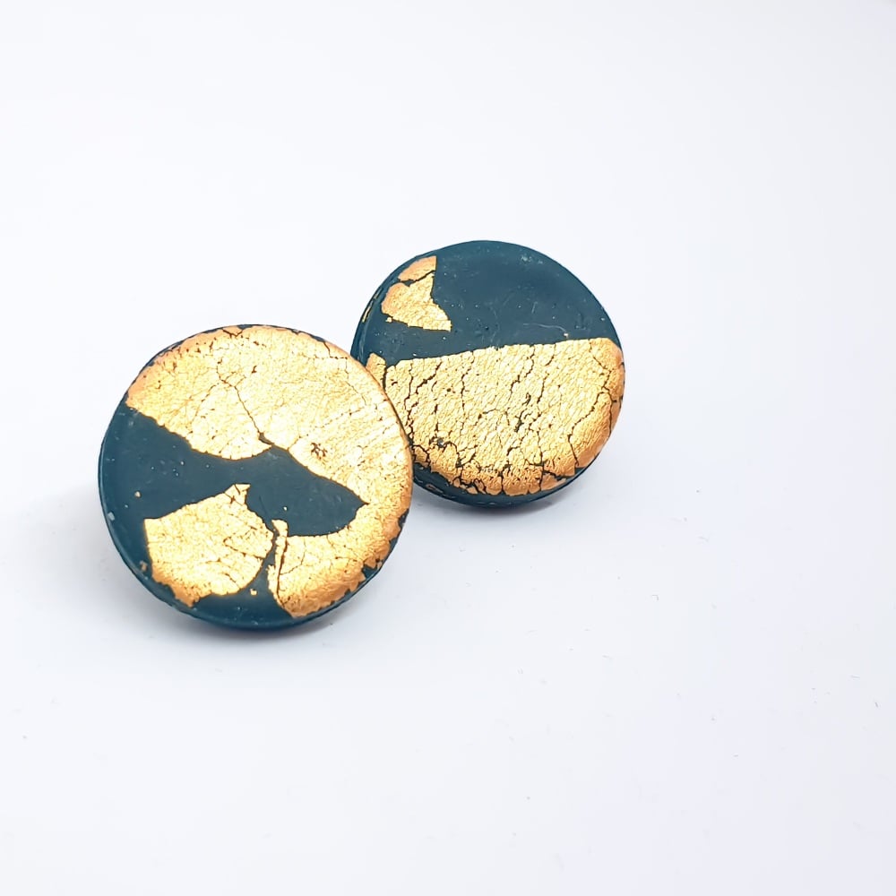 Giant Metallic Circle Studs in Dark Teal Green and Gold 