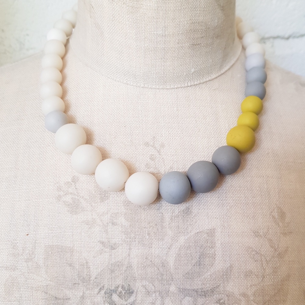 Graduated Bead Necklace in Winter Whites, Mustard and Grey
