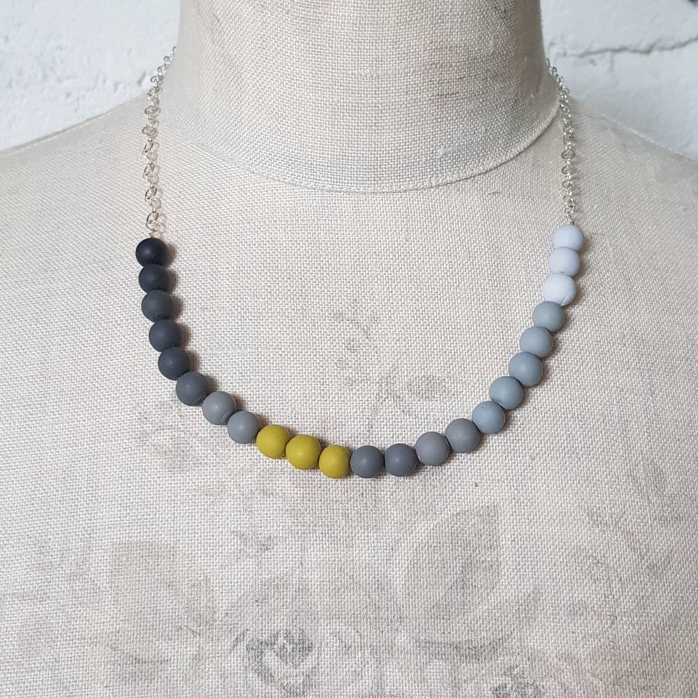 Beaded Sterling Silver Chain Necklace in Shades of Grey and Mustard