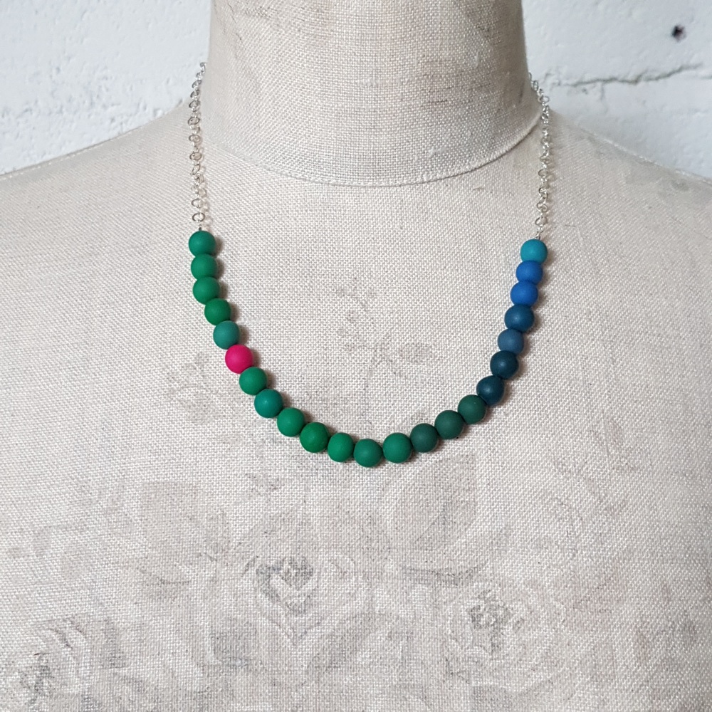 Beaded Sterling Silver Chain Necklace in Green, Blue and Cerise