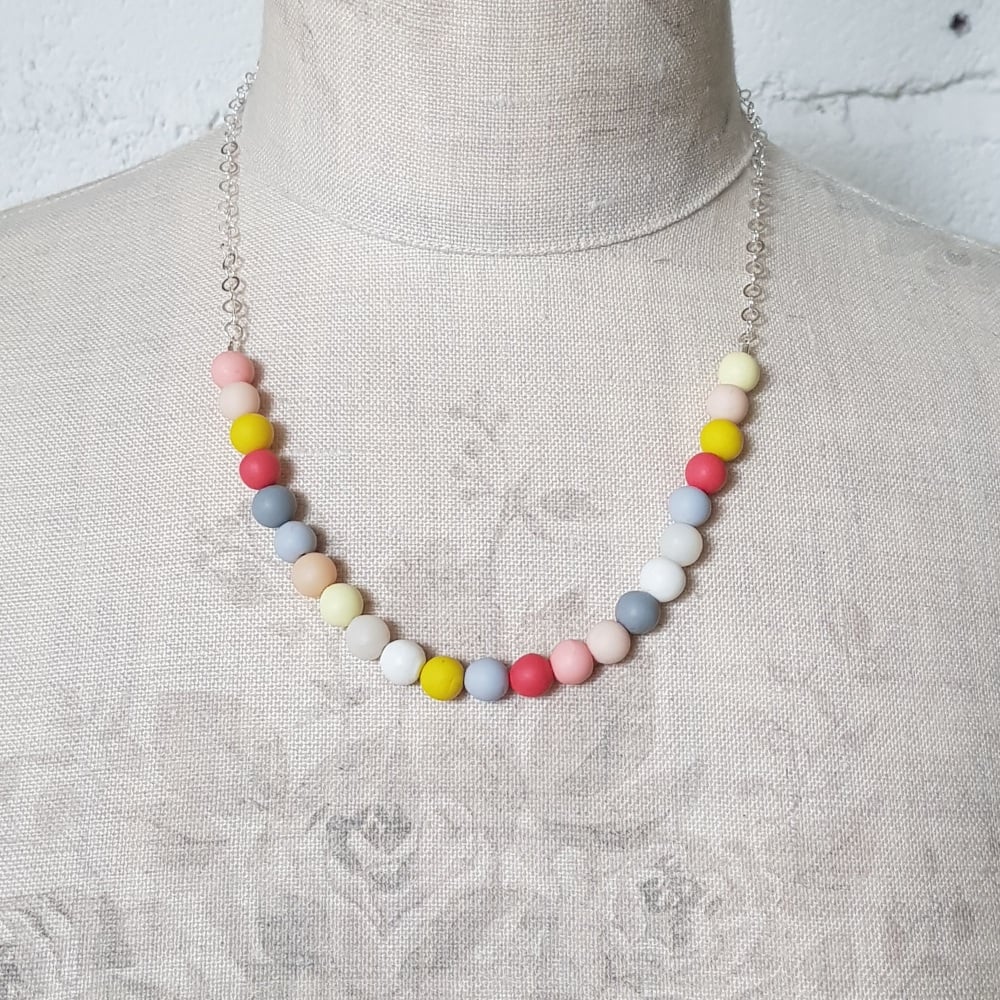 Beaded Sterling Silver Chain Necklace in Grey, Coral and Yellow