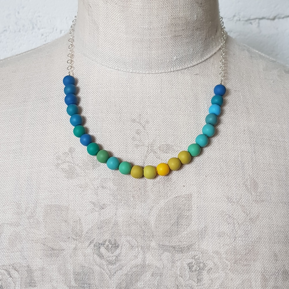 Beaded Sterling Silver Chain Necklace in Shades of Teal Blue and Mustard