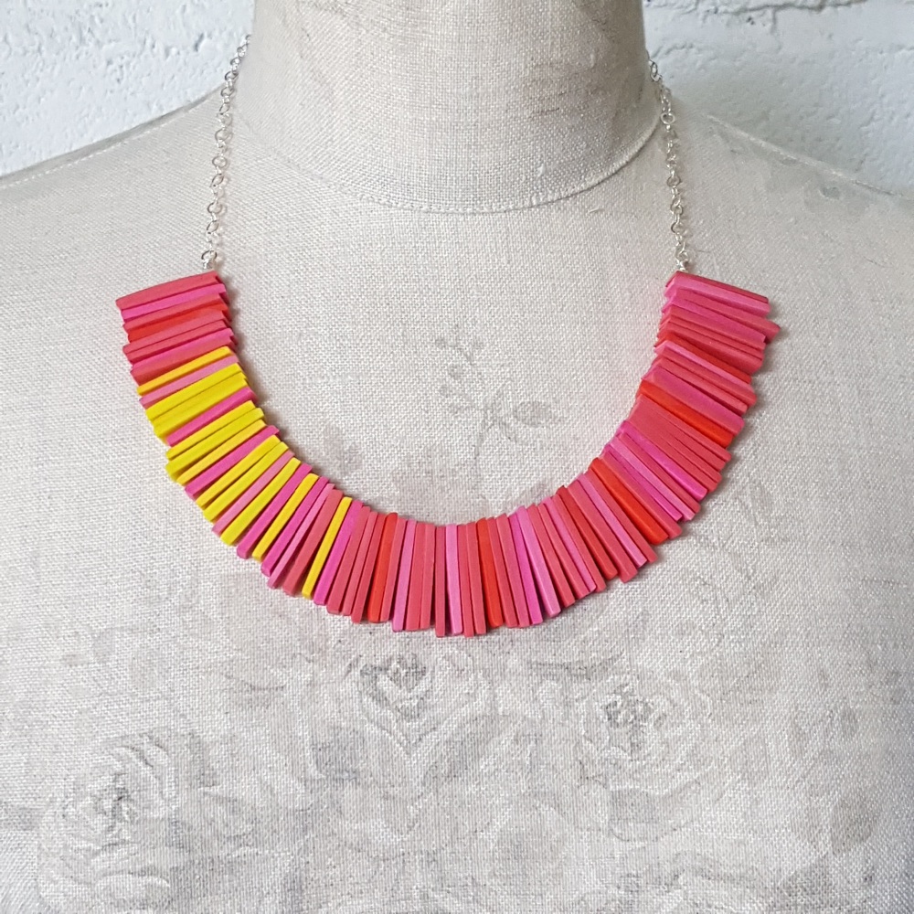 Modern Deco Necklace in Brightest Pinks and Yellow