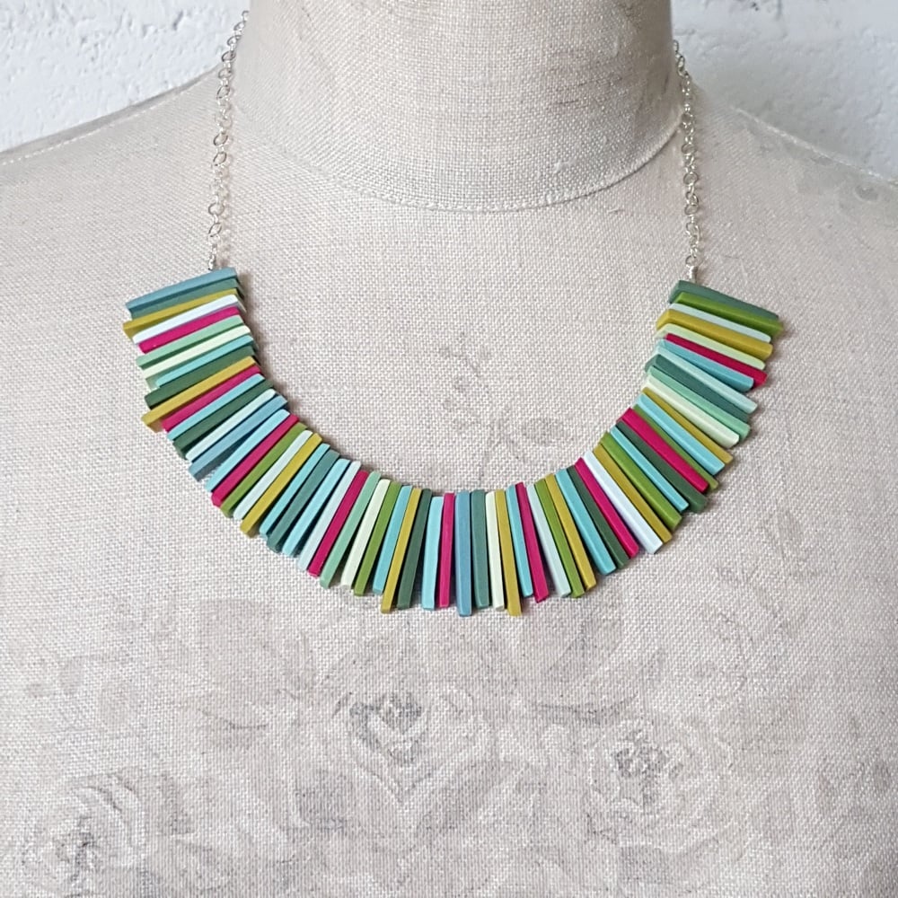 Modern Deco Necklace in Mustard, Greens and Cerise 