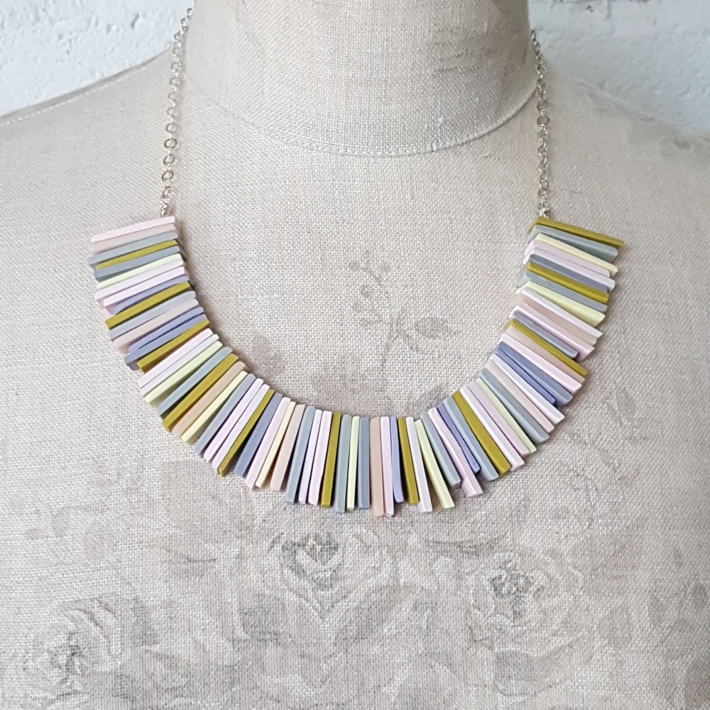 Modern Deco Necklace in Mustard, Palest Pink and Grey