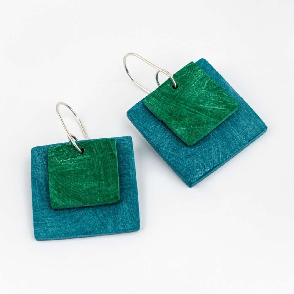 Giant Square Scratched Earrings in Teal Blue and Green
