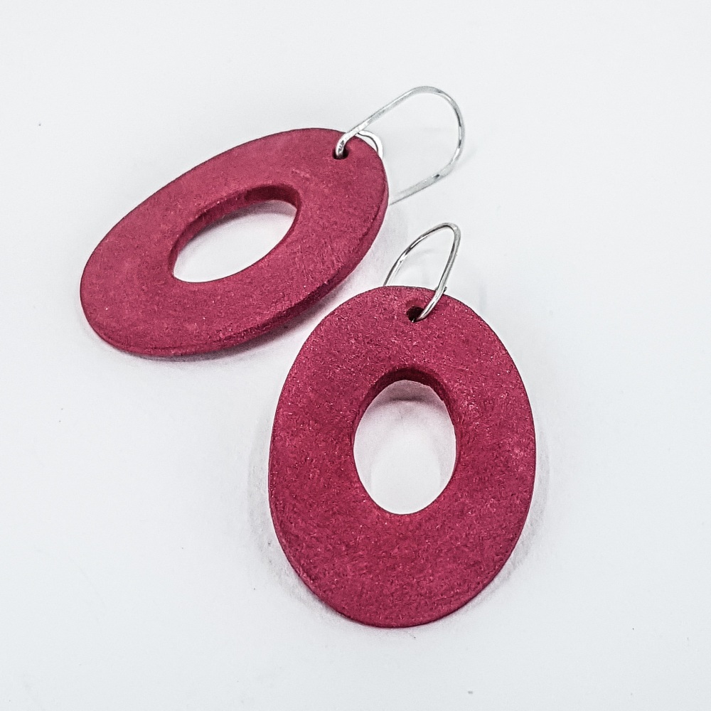 Giant Scratched Oval Earrings Crimson Red