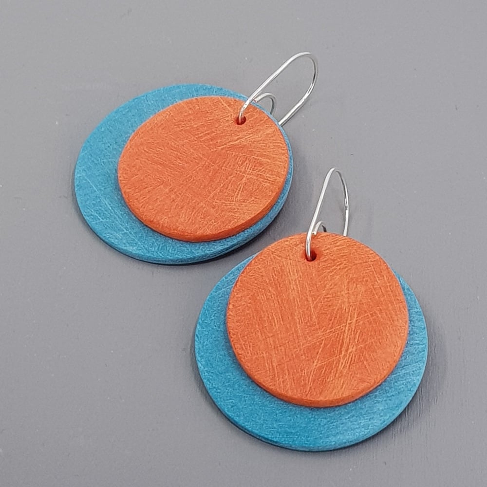 Giant Circles Scratched Earrings in Mid Century Blue and Orange 