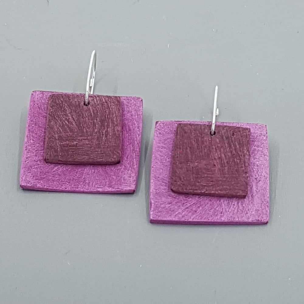 Giant Square Scratched Earrings in Berry Red and Pink