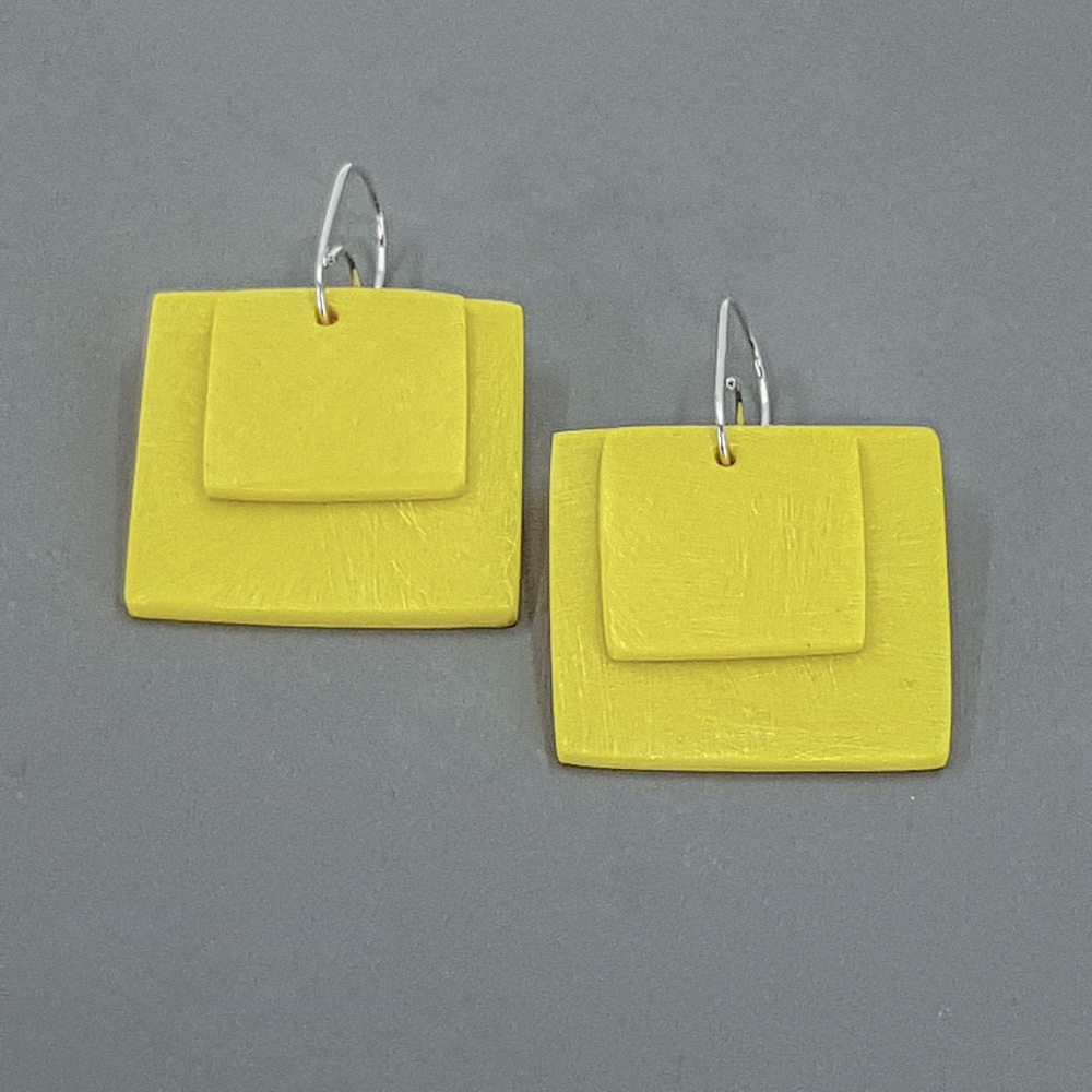 Giant Square Scratched Earrings in Bright Yellow