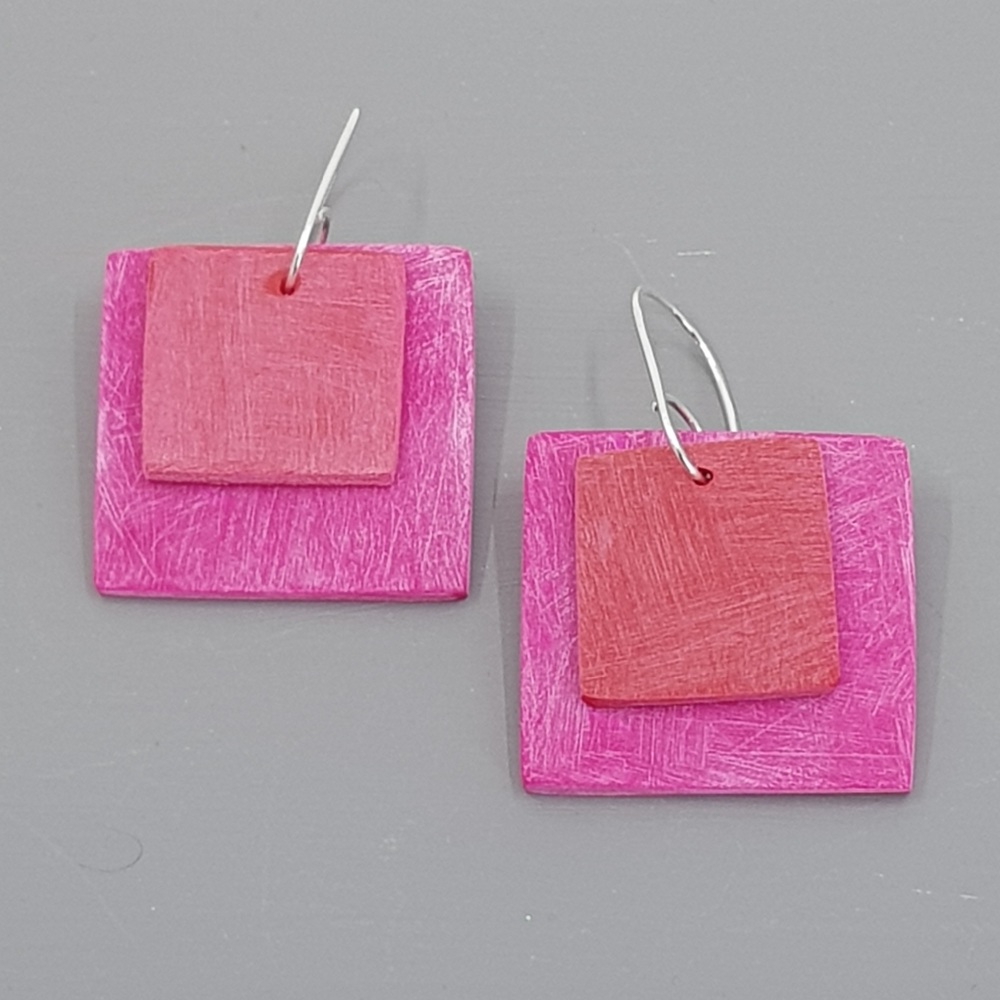 Giant Square Scratched Earrings in Cerise Pink and Red