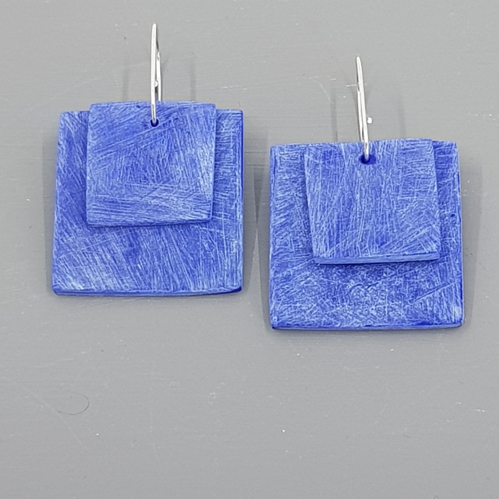 Giant Square Scratched Earrings in Cobalt Blue