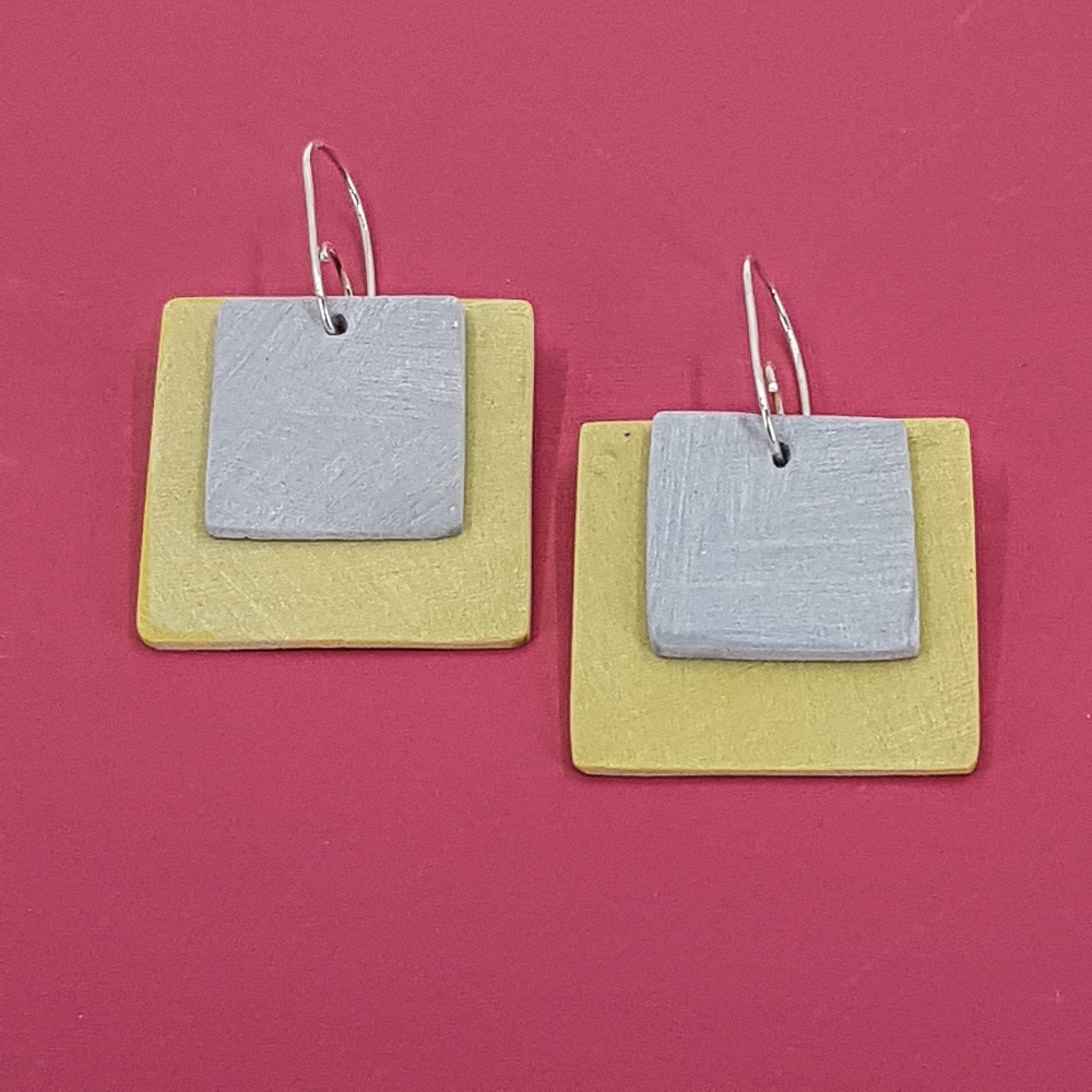 Giant Square Scratched Earrings in Mustard and Grey