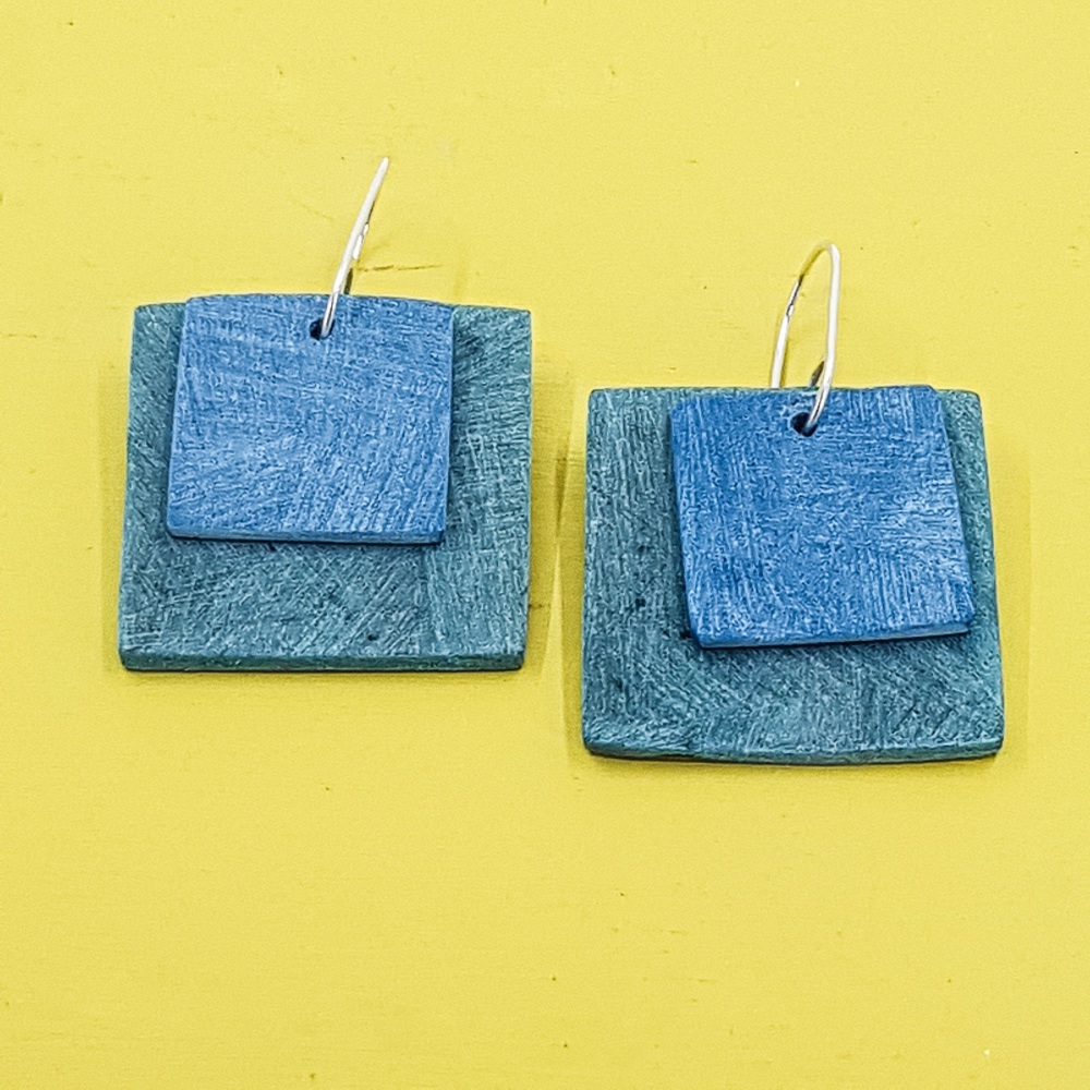 Giant Square Scratched Earrings in Teal Green and Blue