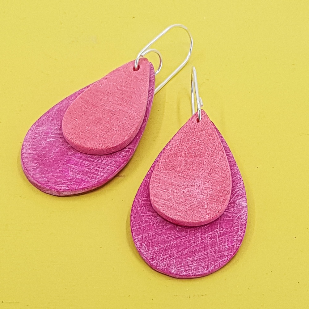 Giant Teardrop Scratched Earrings in Cerise Pink and Soft Red