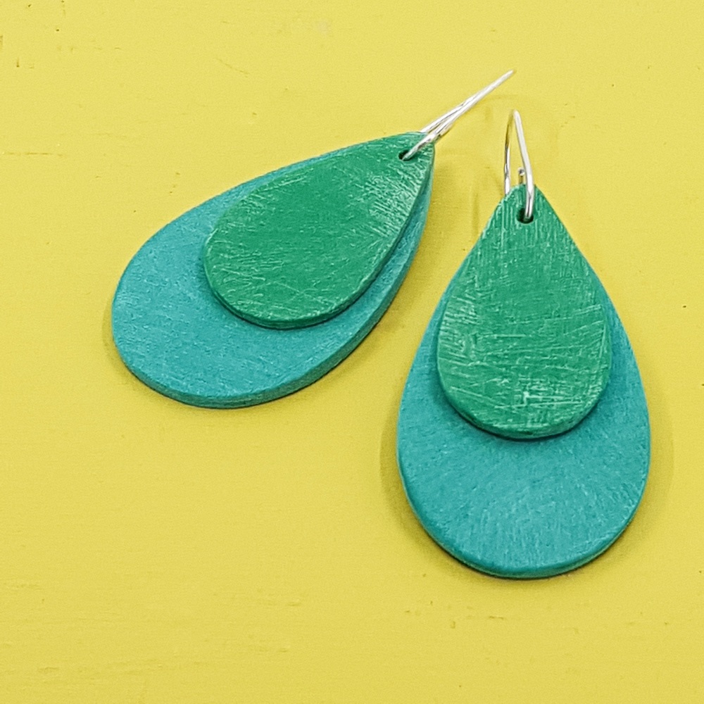 Giant Teardrop Scratched Earrings in Jade and Emerald Green 