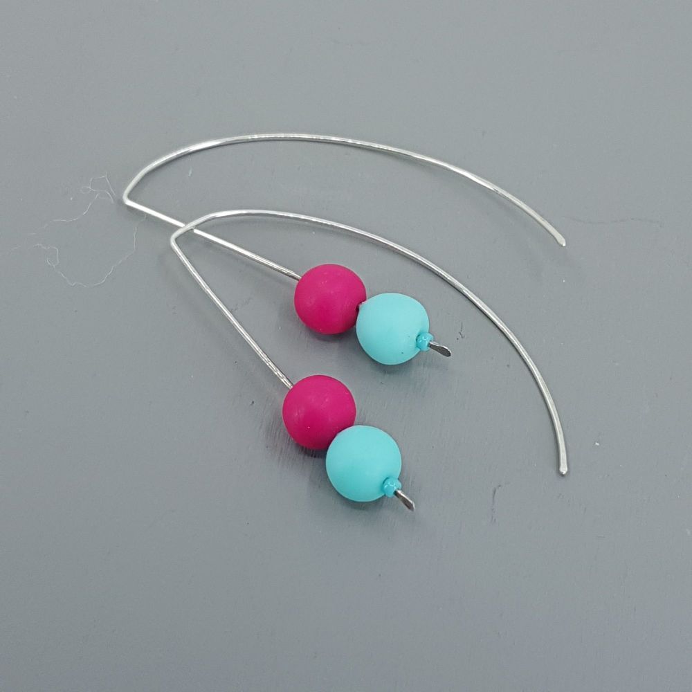 Duo Bead Sterling Silver Wire Earrings in Aqua and Cerise