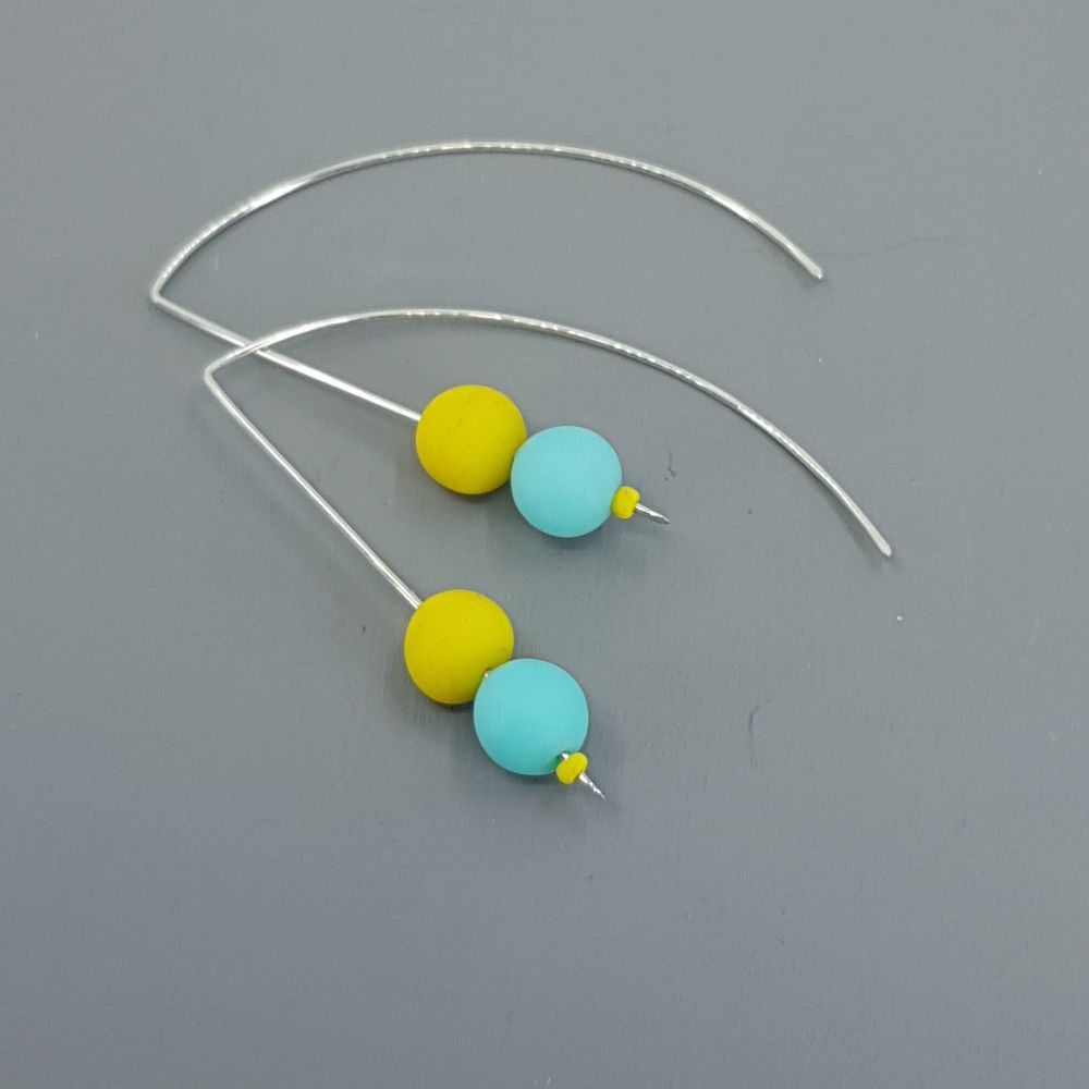 Duo Bead Sterling Silver Wire Earrings in Aqua Blue and Yellow